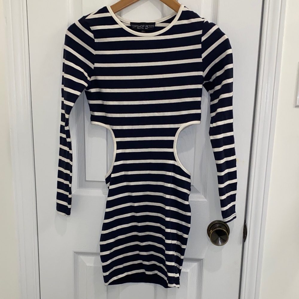 Topshop Petite Navy and White Striped Long Sleeve Dress With Side Cutouts